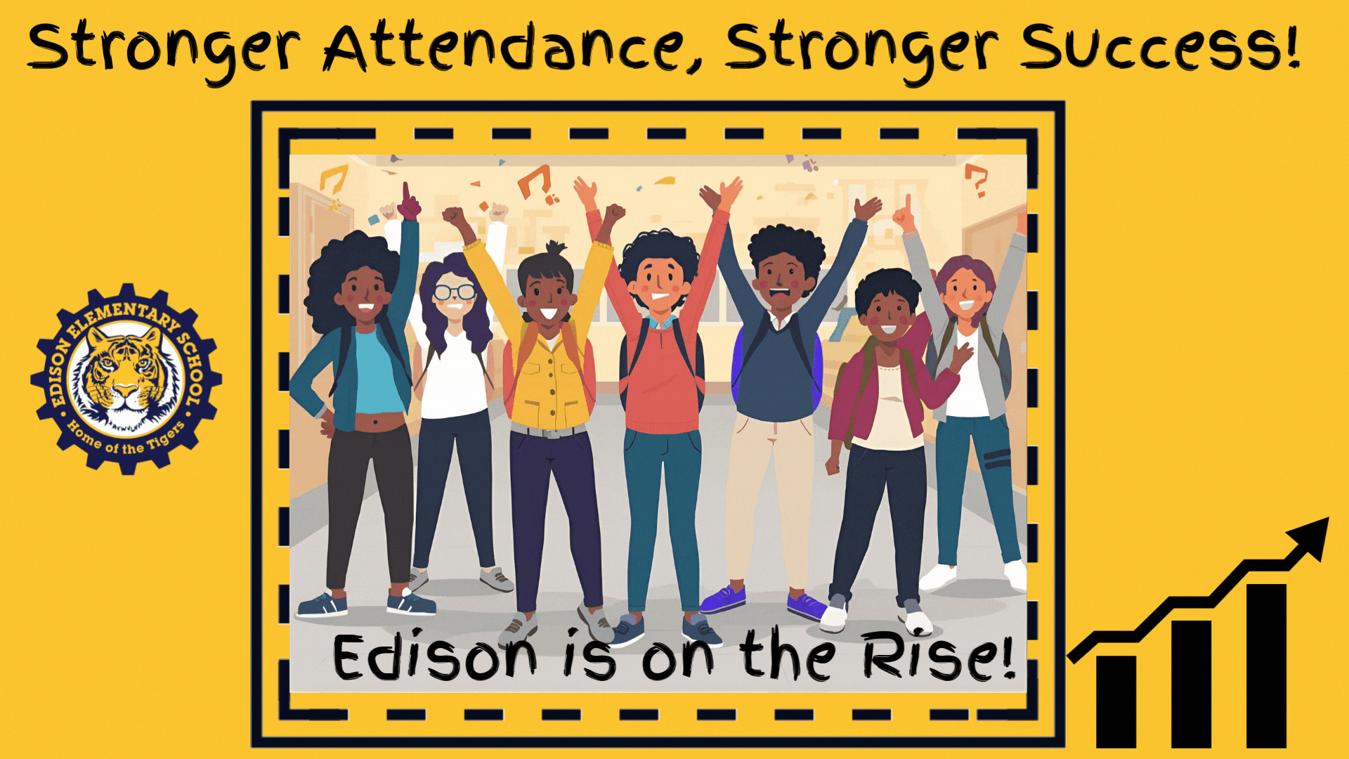  graphic of students raising their hands in celebration with words